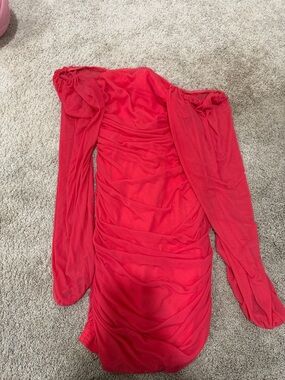 Amazon Red Off-Shoulder Ruched Long Sleeve Mini Dress